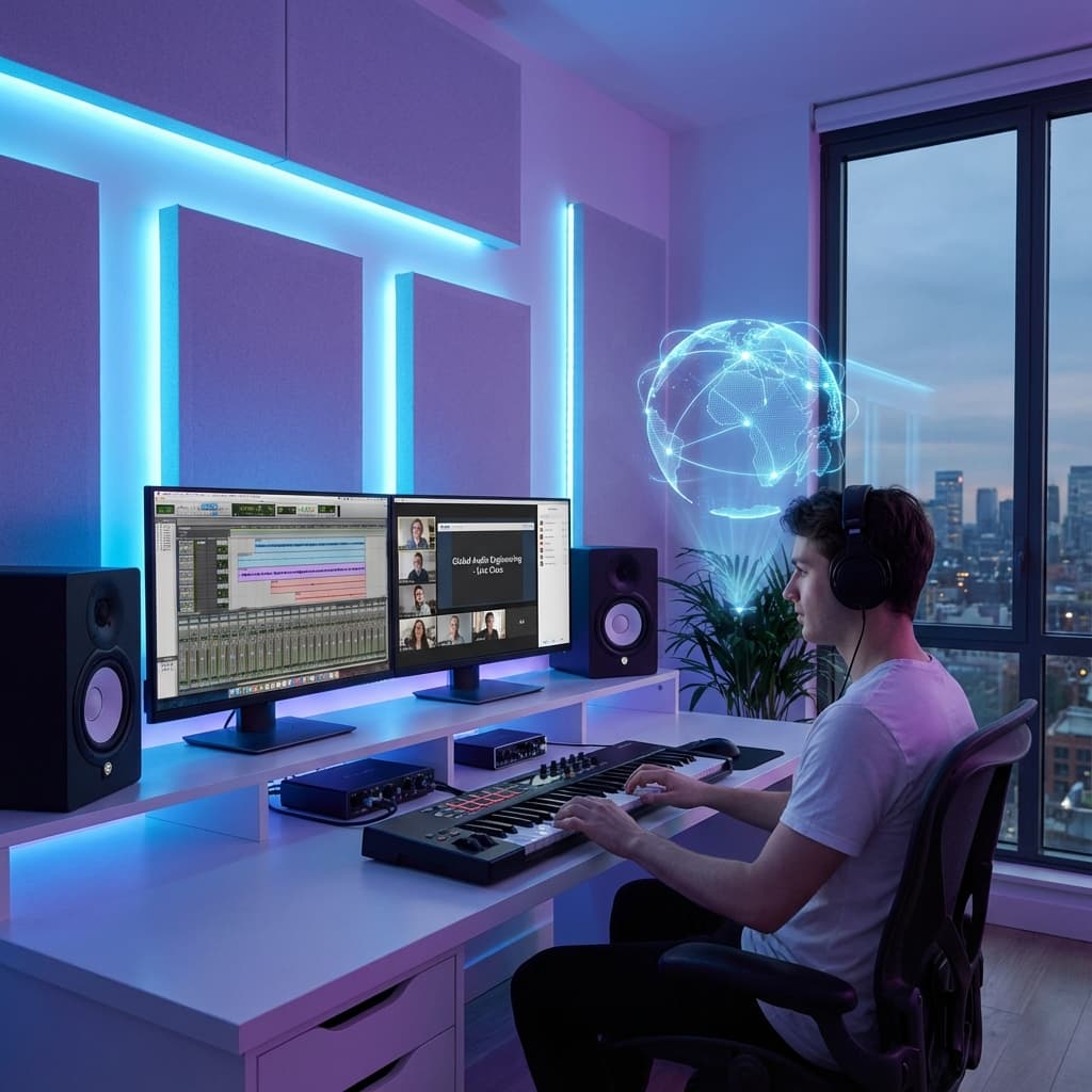 Estudiante internacional cursando ingeniería en audio 100% online desde su hogar.